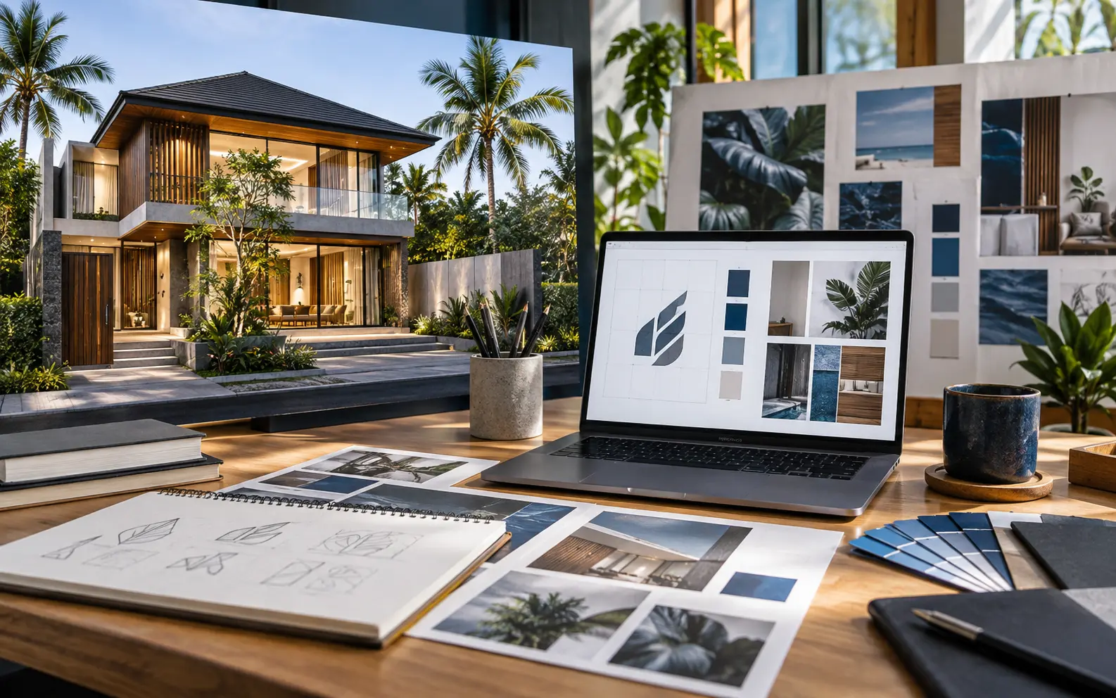 Studio desain dengan visual konsep rumah dan identitas merek
